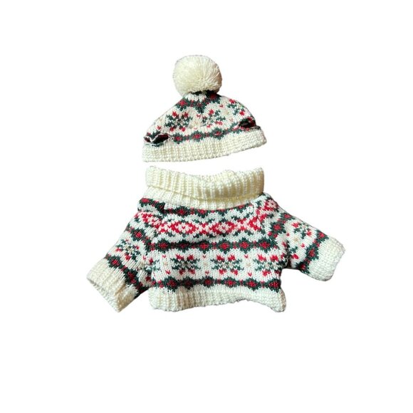 Stuffed Bear Outfit: Red, Green & Warm White Turtleneck Sweater & Tossel Cap - Picture 3 of 5
